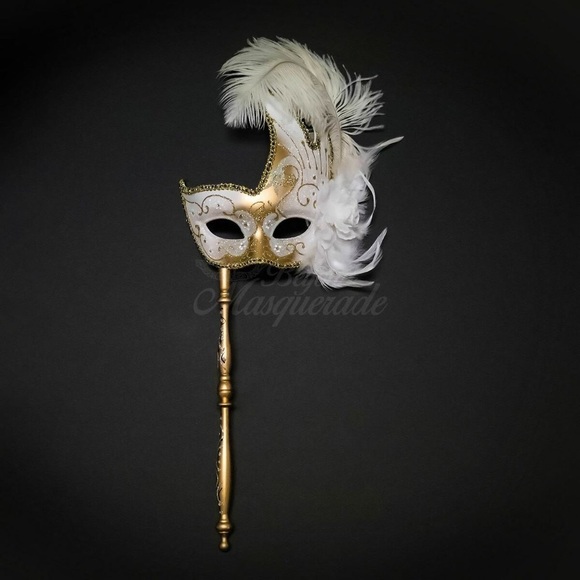 Holding Stick Party Mask | Feather Masquerade Mask White Gold! - Picture 1 of 2